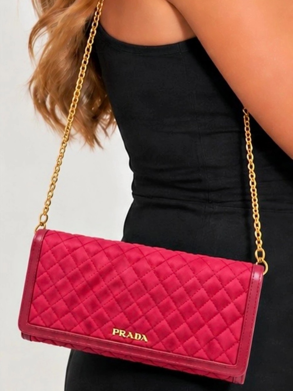 Prada Quilted Leather Wallet on Chain Pink